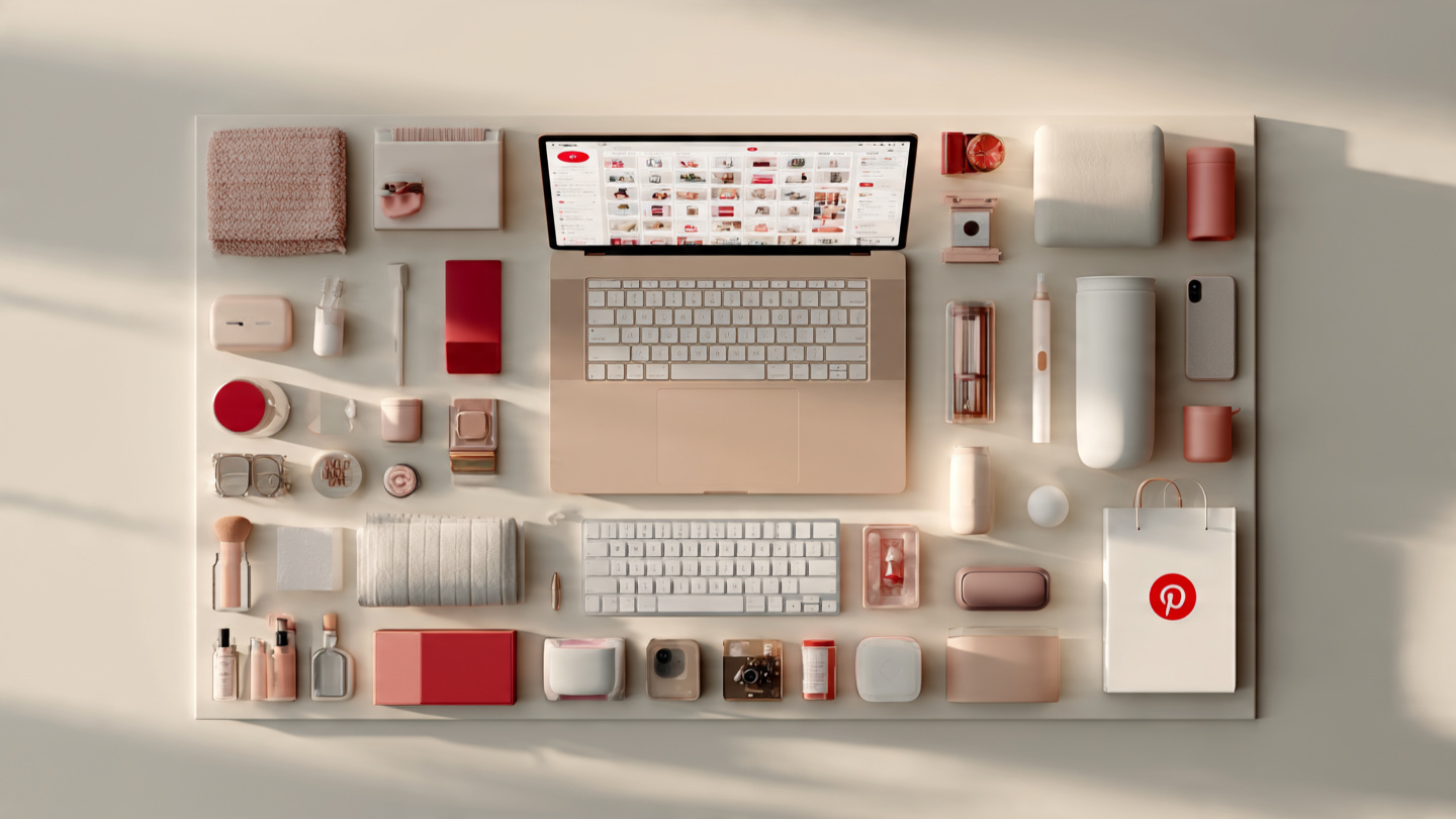 Products arranged beside a laptop showing affiliate Pinterest pins