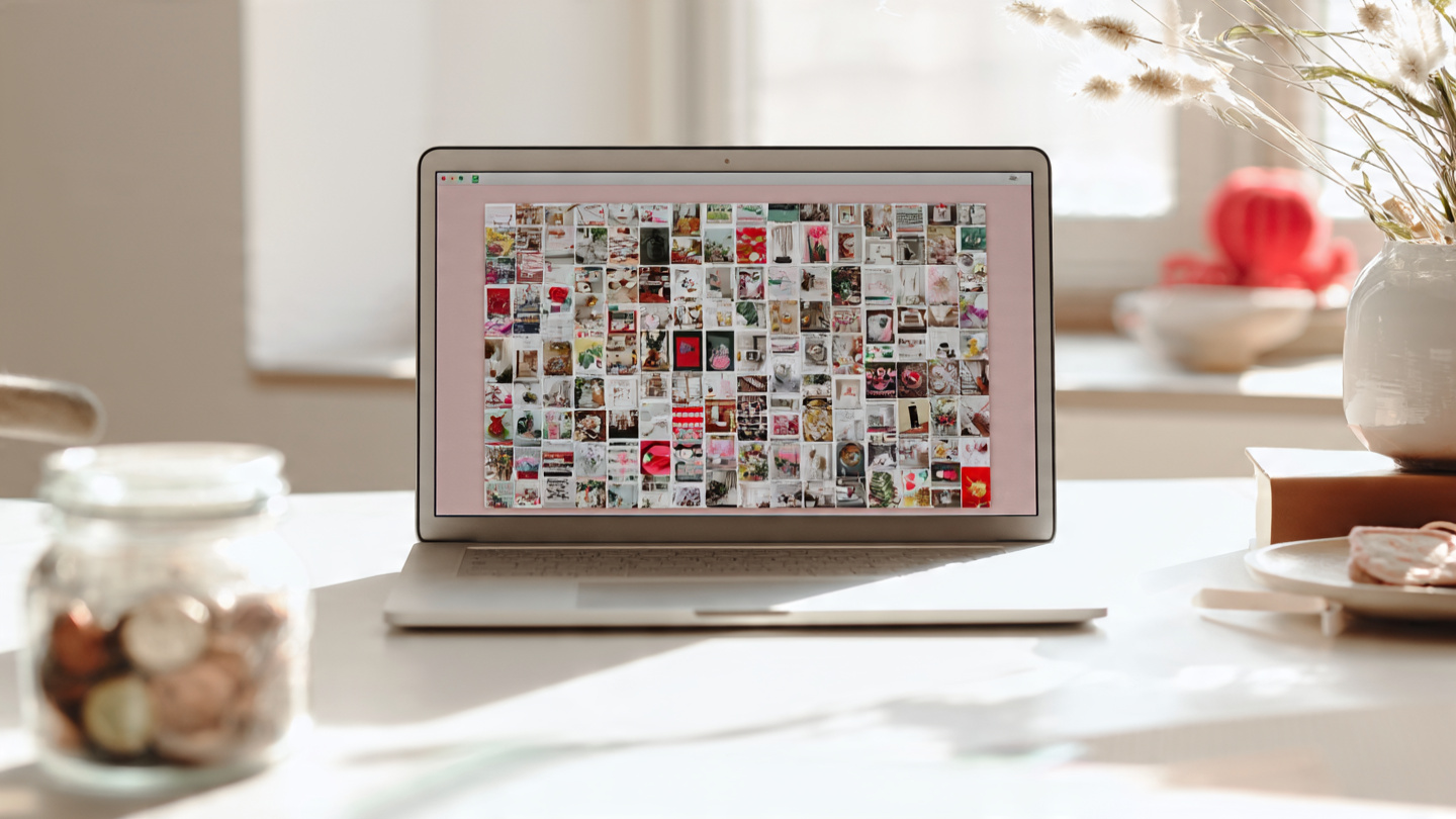 A laptop showing a Pinterest pin grid on a bright, budget-friendly workspace
