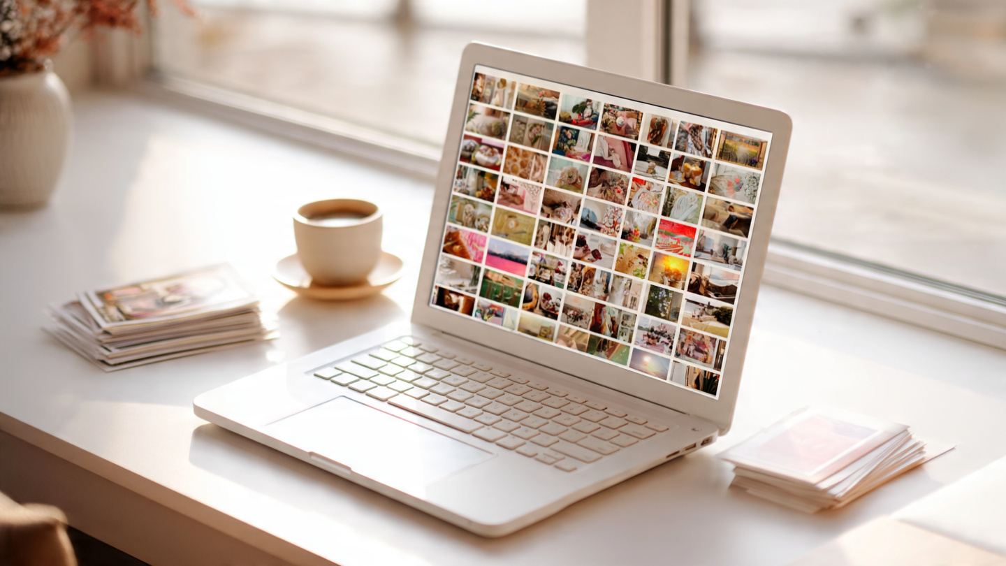A laptop showing a grid of Pinterest pins being bulk-organized on a bright desk