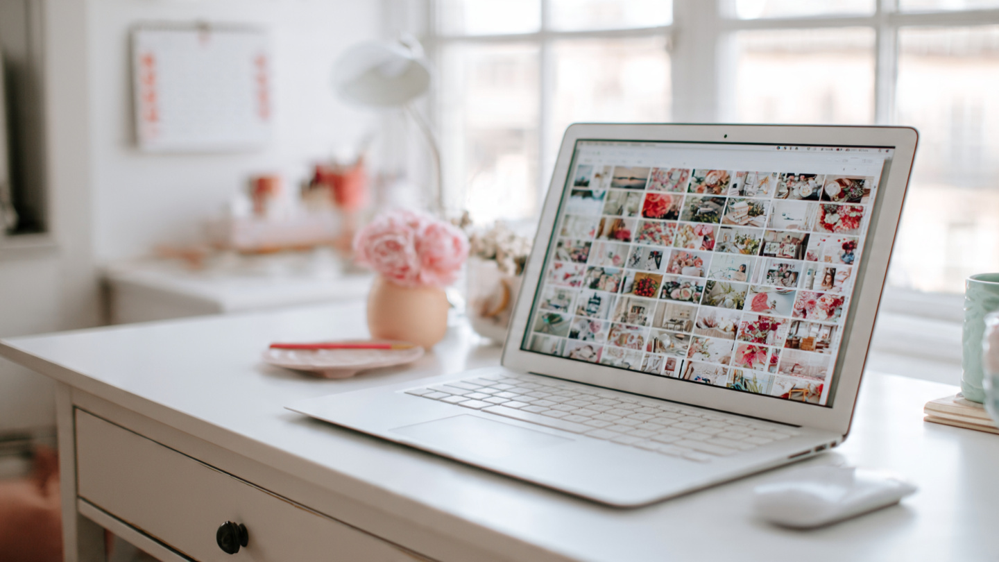 A tidy desk with a calendar and a laptop showing a steady rhythm of Pinterest pins