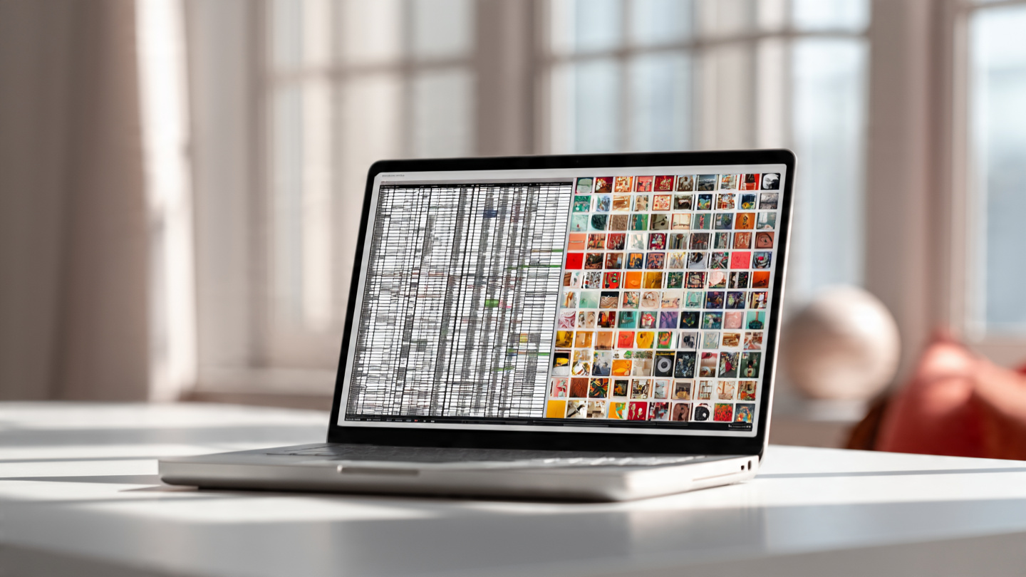 A spreadsheet-style grid of rows turning into Pinterest pins on a laptop