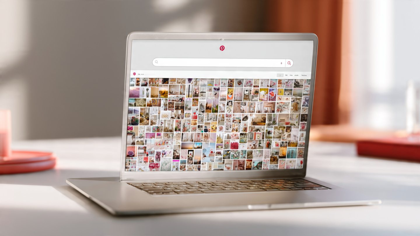A laptop showing a Pinterest search bar above a grid of keyworded pins